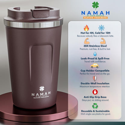 NAMAH® 12oz Insulated Stainless Steel Coffee Mug with Lid – Double Wall Vacuum Insulated Travel Cup for Hot & Cold Drinks – Leakproof Reusable Tumbler for Coffee, Tea & Cocoa – Forest Olive Green