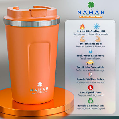 NAMAH® 12oz Insulated Stainless Steel Coffee Mug with Lid – Double Wall Vacuum Insulated Travel Cup for Hot & Cold Drinks – Leakproof Reusable Tumbler for Coffee, Tea & Cocoa – Forest Olive Green
