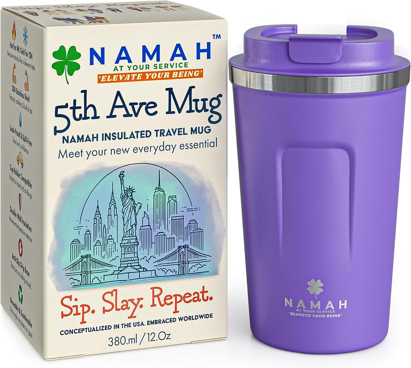 NAMAH® 12oz Insulated Stainless Steel Coffee Mug with Lid – Double Wall Vacuum Insulated Travel Cup for Hot & Cold Drinks – Leakproof Reusable Tumbler for Coffee, Tea & Cocoa – Forest Olive Green
