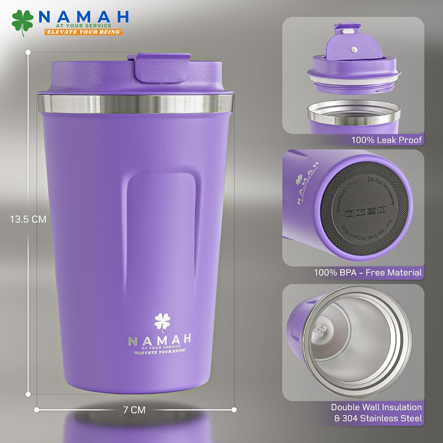 NAMAH® 12oz Insulated Stainless Steel Coffee Mug with Lid – Double Wall Vacuum Insulated Travel Cup for Hot & Cold Drinks – Leakproof Reusable Tumbler for Coffee, Tea & Cocoa – Forest Olive Green