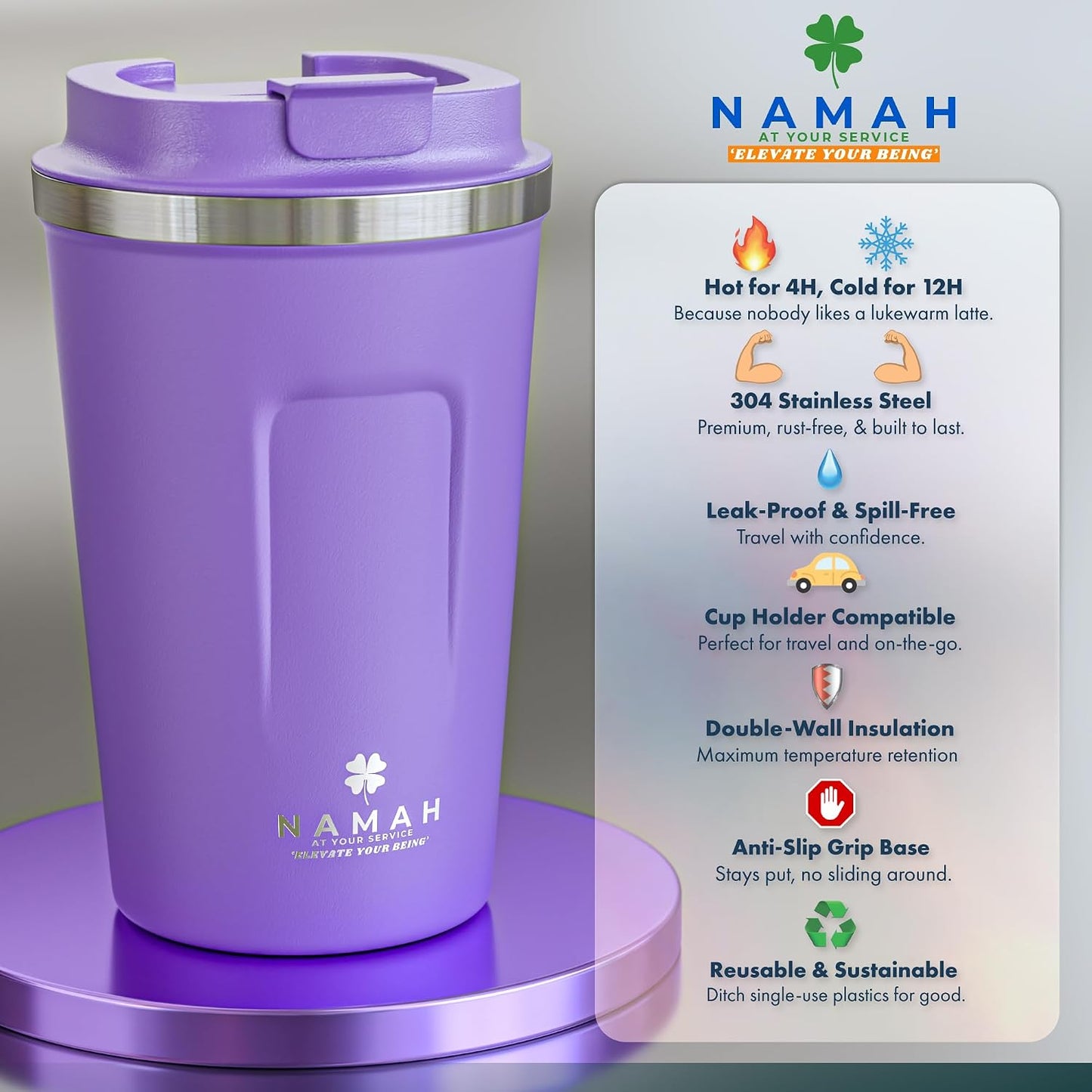 NAMAH® 12oz Insulated Stainless Steel Coffee Mug with Lid – Double Wall Vacuum Insulated Travel Cup for Hot & Cold Drinks – Leakproof Reusable Tumbler for Coffee, Tea & Cocoa – Forest Olive Green
