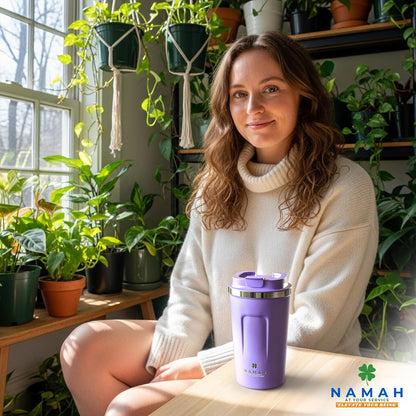 NAMAH® 12oz Insulated Stainless Steel Coffee Mug with Lid – Double Wall Vacuum Insulated Travel Cup for Hot & Cold Drinks – Leakproof Reusable Tumbler for Coffee, Tea & Cocoa – Forest Olive Green