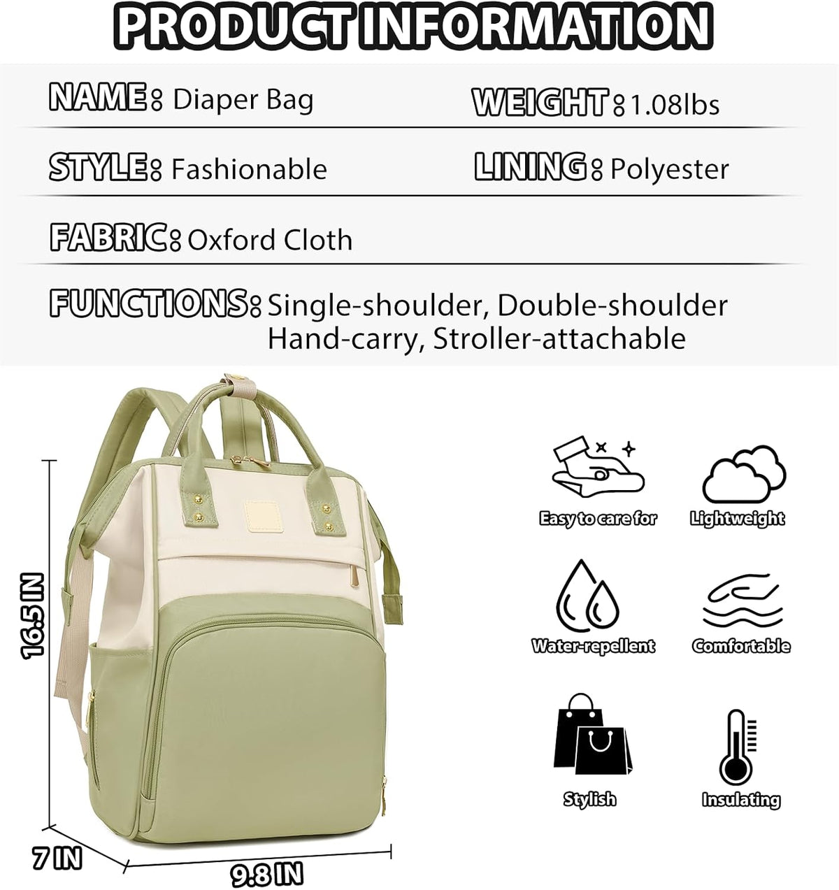 Baby Diaper Bag, Nappy Changing Backpack with Insulated Pockets,Multi-Waterproof Backpack Baby Essentials Travel for for Boys Girls, Multipurpose Travel Back Pack Moms Dads(Green)
