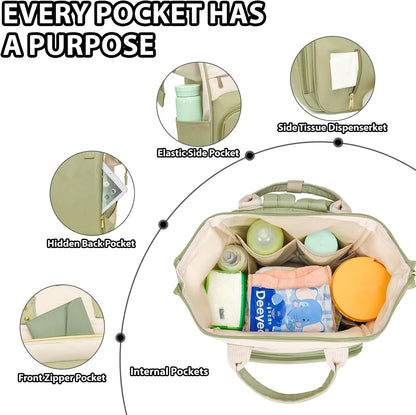 Baby Diaper Bag, Nappy Changing Backpack with Insulated Pockets,Multi-Waterproof Backpack Baby Essentials Travel for for Boys Girls, Multipurpose Travel Back Pack Moms Dads(Green)