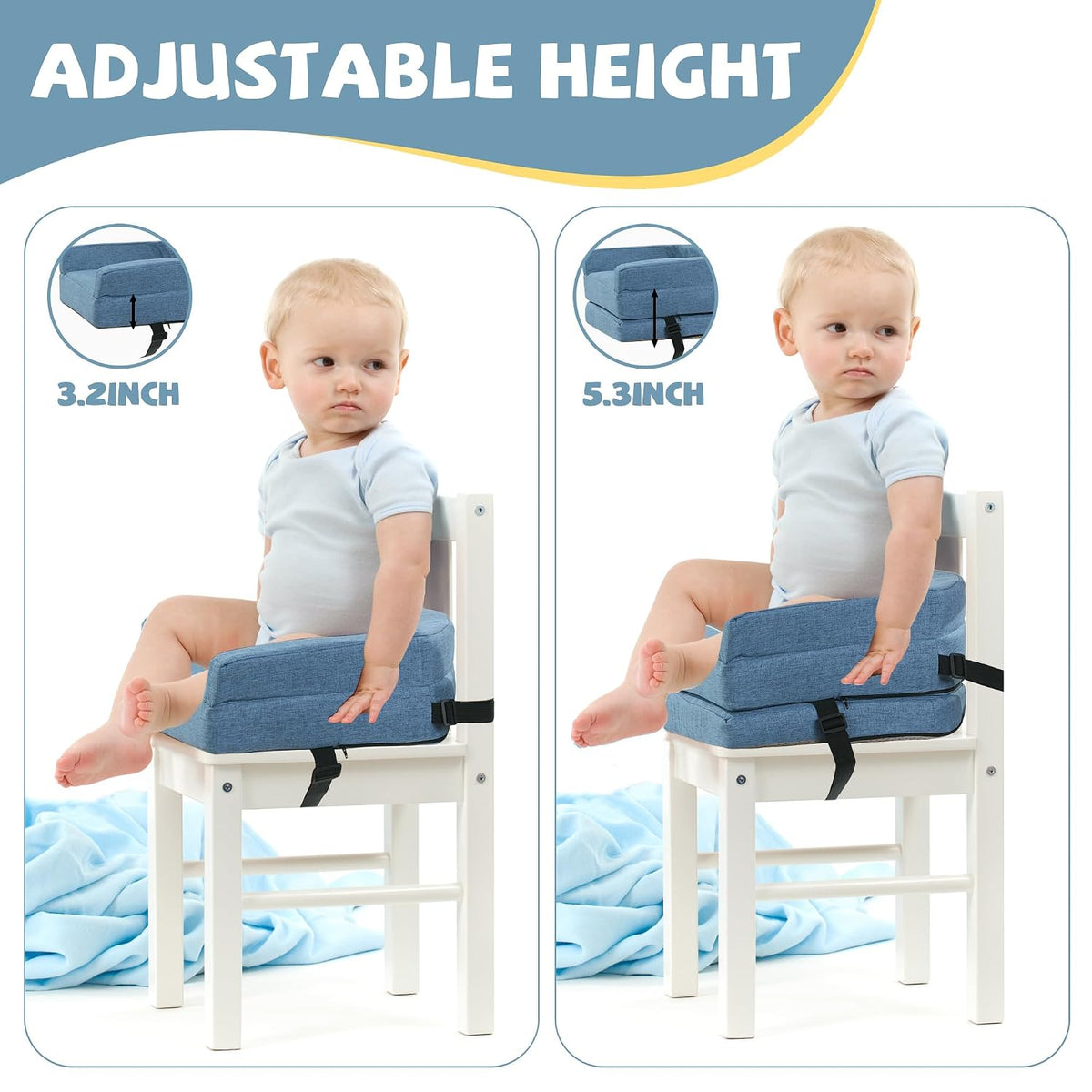 Toddler Booster Seat for Dining Table, Adjustable Height Booster Seat Pad for Kids Chair, 5.3inch Portable Booster Cushion with Straps, Travel Booster Seats for Baby Child Boys Girls(Blue)