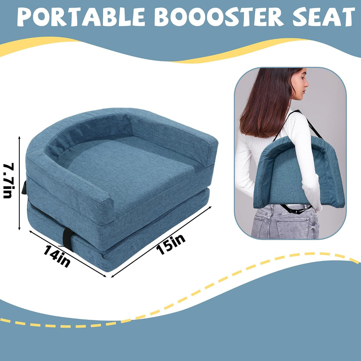 Toddler Booster Seat for Dining Table, Adjustable Height Booster Seat Pad for Kids Chair, 5.3inch Portable Booster Cushion with Straps, Travel Booster Seats for Baby Child Boys Girls(Blue)