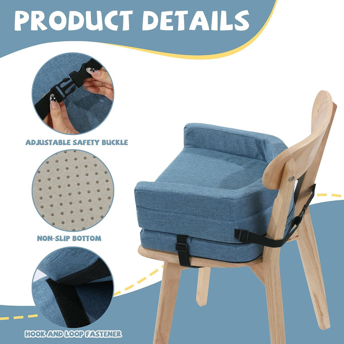 Toddler Booster Seat for Dining Table, Adjustable Height Booster Seat Pad for Kids Chair, 5.3inch Portable Booster Cushion with Straps, Travel Booster Seats for Baby Child Boys Girls(Blue)