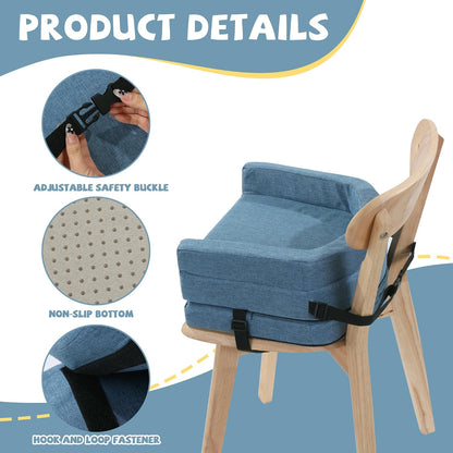 Toddler Booster Seat for Dining Table, Adjustable Height Booster Seat Pad for Kids Chair, 5.3inch Portable Booster Cushion with Straps, Travel Booster Seats for Baby Child Boys Girls(Blue)