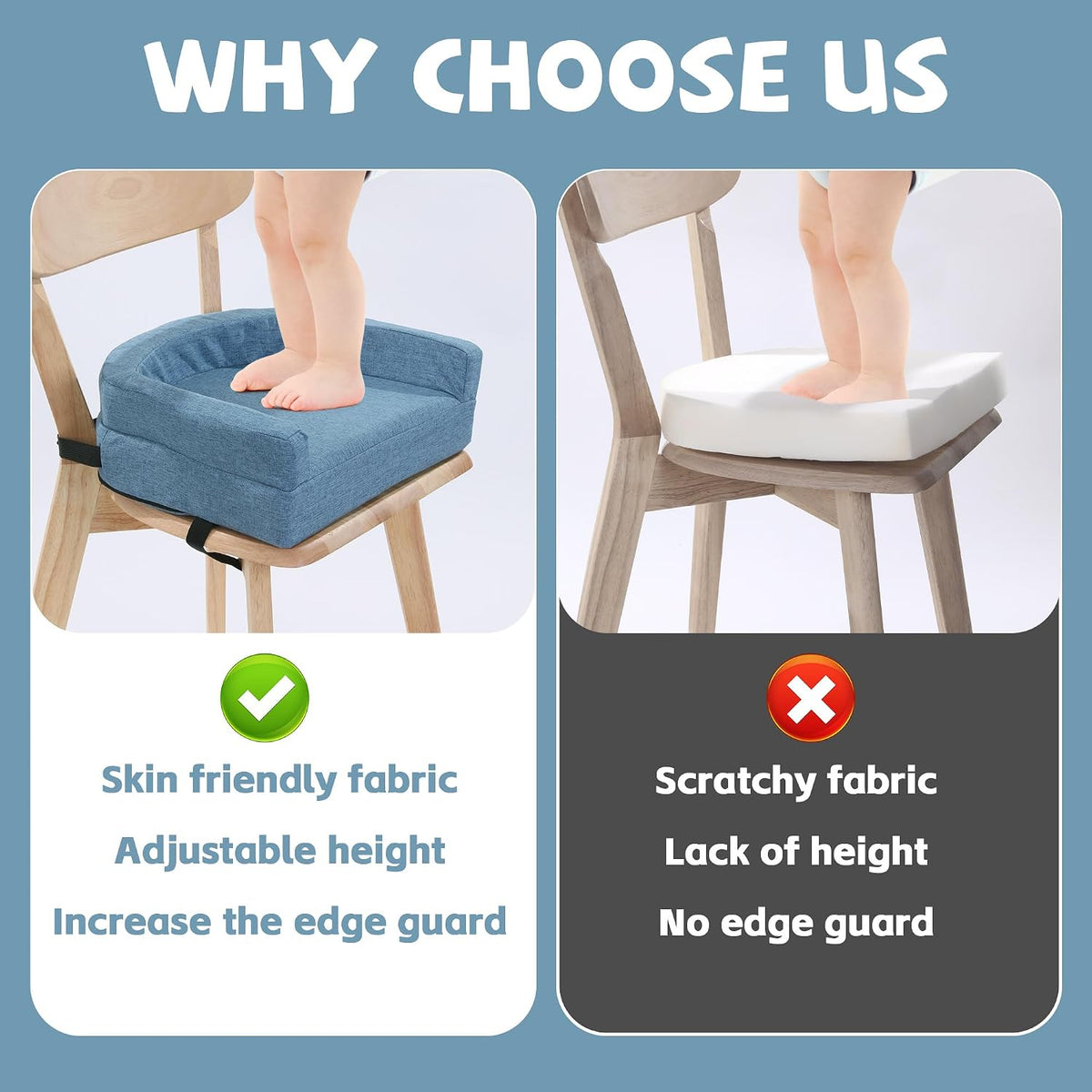 Toddler Booster Seat for Dining Table, Adjustable Height Booster Seat Pad for Kids Chair, 5.3inch Portable Booster Cushion with Straps, Travel Booster Seats for Baby Child Boys Girls(Blue)