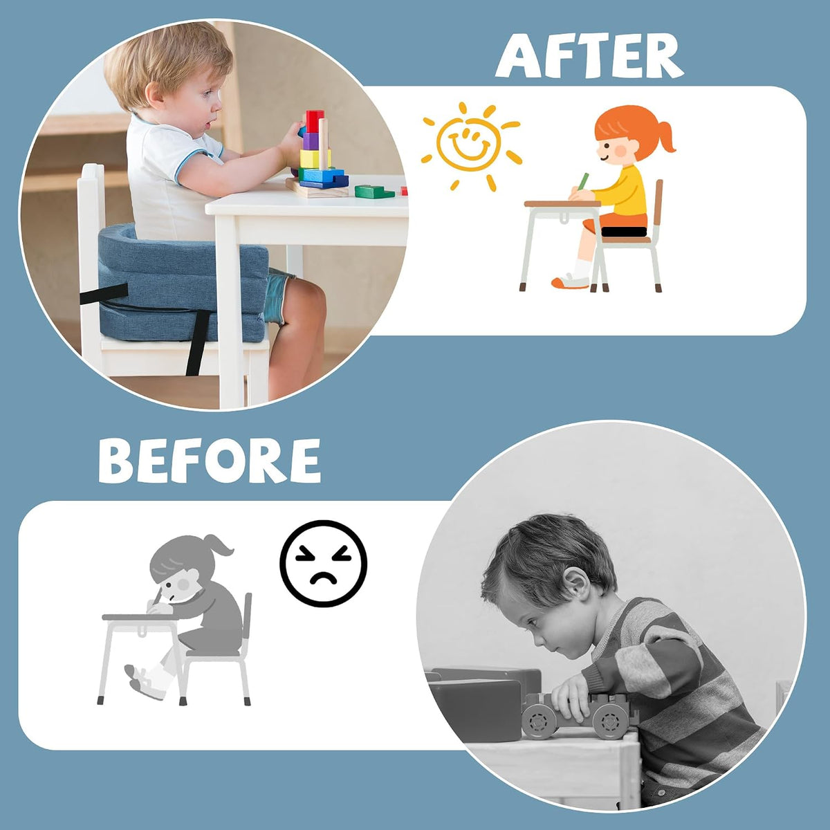 Toddler Booster Seat for Dining Table, Adjustable Height Booster Seat Pad for Kids Chair, 5.3inch Portable Booster Cushion with Straps, Travel Booster Seats for Baby Child Boys Girls(Blue)