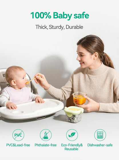 7oz Borosilicate Glass Baby Food Storage Jars with Silicone Lid Set (2 PCS), 1.7oz Airtight Silicone Cups (8 PCS) Baby Food Containers, Microwave Dishwasher Freezer Safe (Infant and Babies)