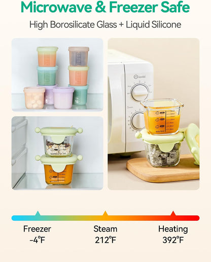7oz Borosilicate Glass Baby Food Storage Jars with Silicone Lid Set (2 PCS), 1.7oz Airtight Silicone Cups (8 PCS) Baby Food Containers, Microwave Dishwasher Freezer Safe (Infant and Babies)
