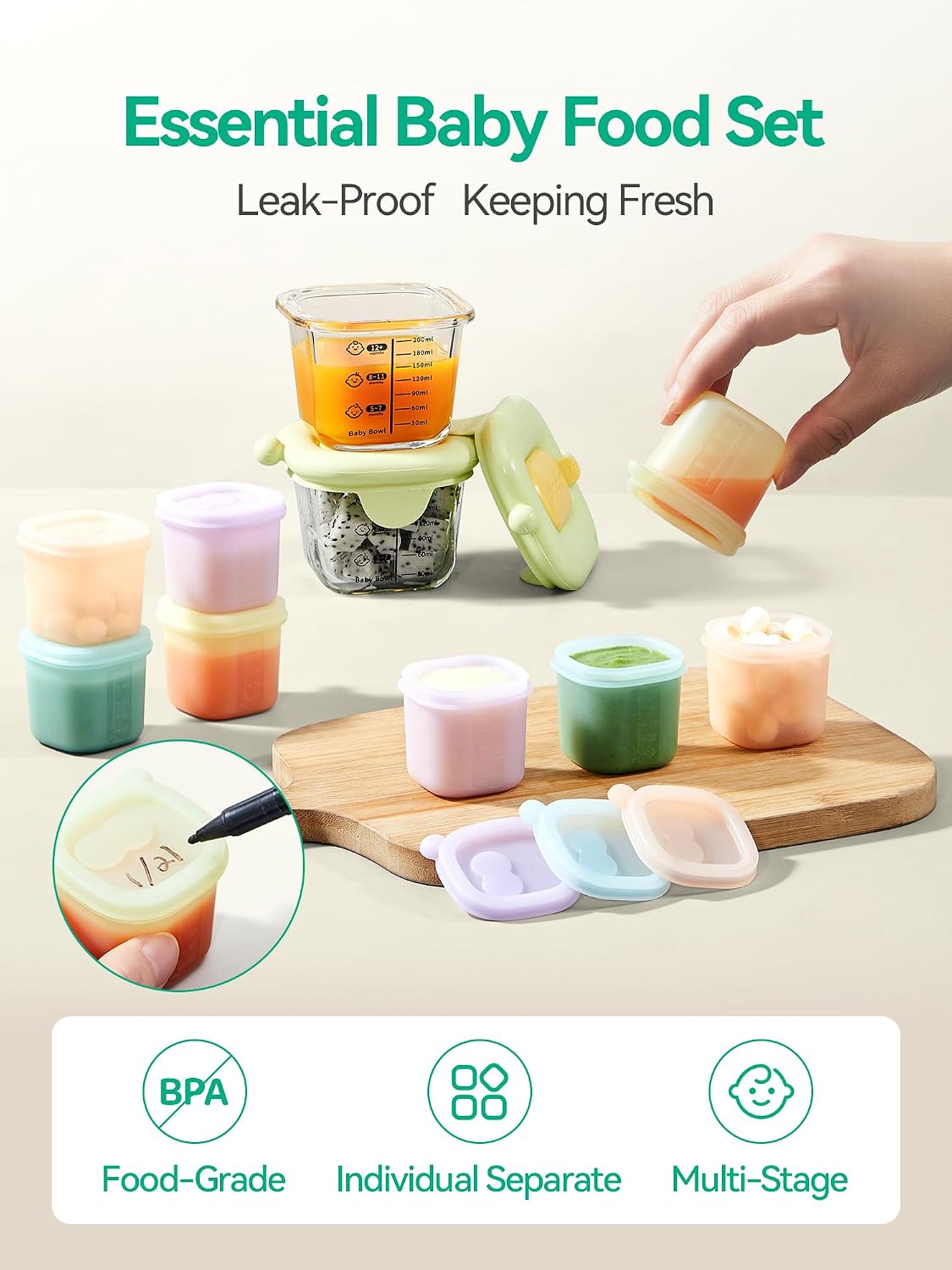 7oz Borosilicate Glass Baby Food Storage Jars with Silicone Lid Set (2 PCS), 1.7oz Airtight Silicone Cups (8 PCS) Baby Food Containers, Microwave Dishwasher Freezer Safe (Infant and Babies)