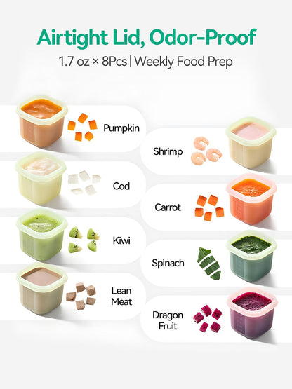 7oz Borosilicate Glass Baby Food Storage Jars with Silicone Lid Set (2 PCS), 1.7oz Airtight Silicone Cups (8 PCS) Baby Food Containers, Microwave Dishwasher Freezer Safe (Infant and Babies)