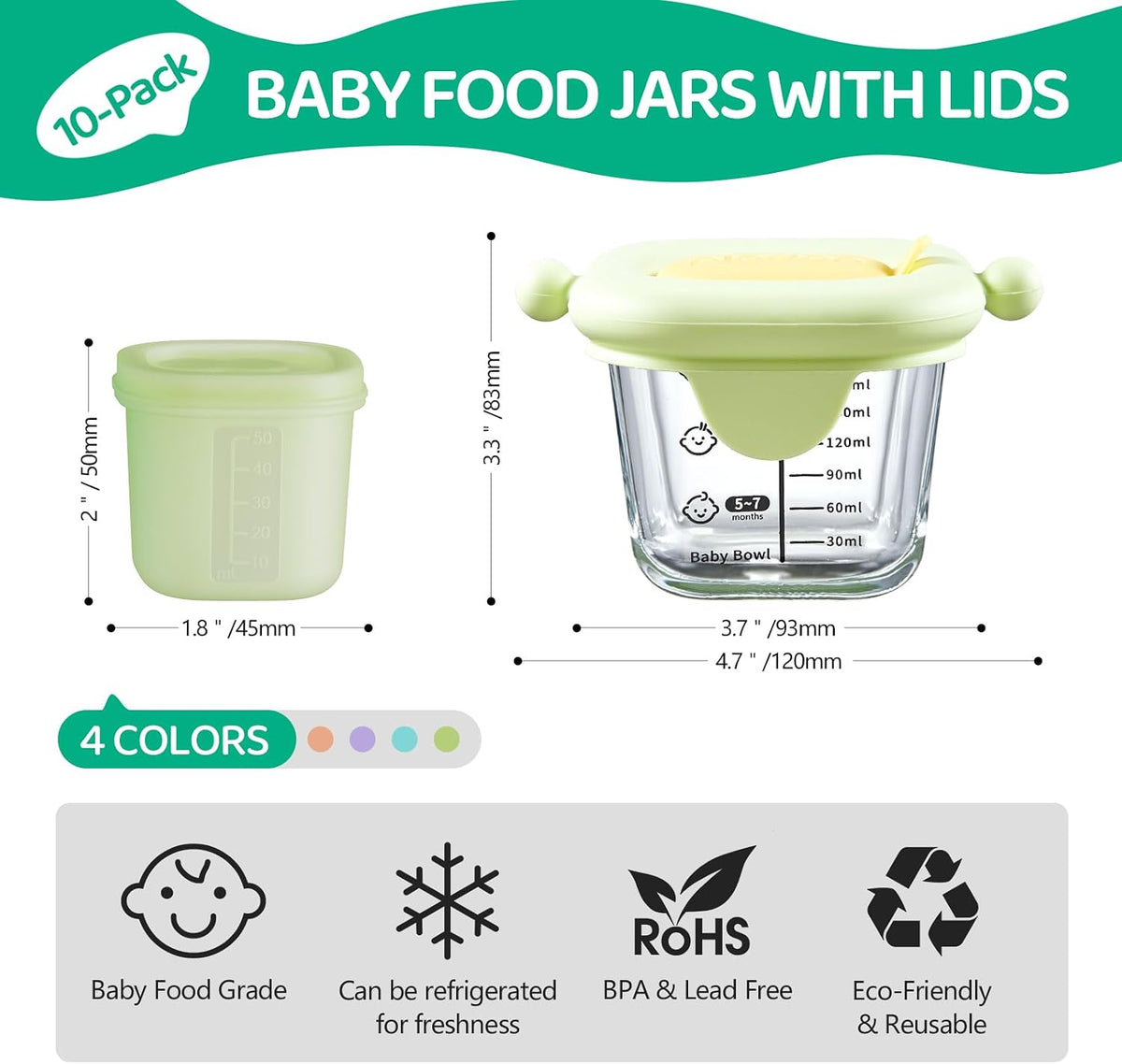 7oz Borosilicate Glass Baby Food Storage Jars with Silicone Lid Set (2 PCS), 1.7oz Airtight Silicone Cups (8 PCS) Baby Food Containers, Microwave Dishwasher Freezer Safe (Infant and Babies)