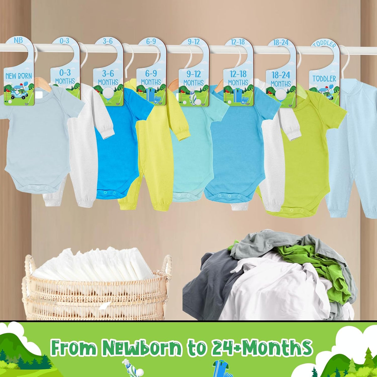 Baby Closet Dividers 8PCS, Outer Space Themed Wooden Double-Sided Clothes Size Hanger Organizer from Newborn to Toddler for Nursery Decor Baby Shower Birthday Gift Blue