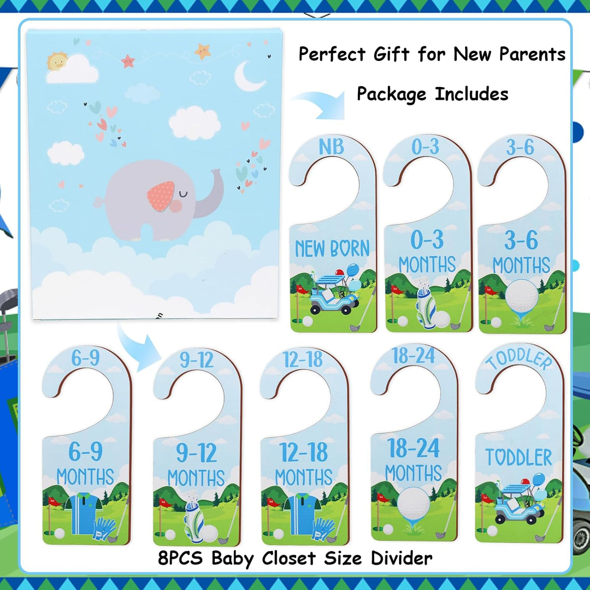 Baby Closet Dividers 8PCS, Outer Space Themed Wooden Double-Sided Clothes Size Hanger Organizer from Newborn to Toddler for Nursery Decor Baby Shower Birthday Gift Blue