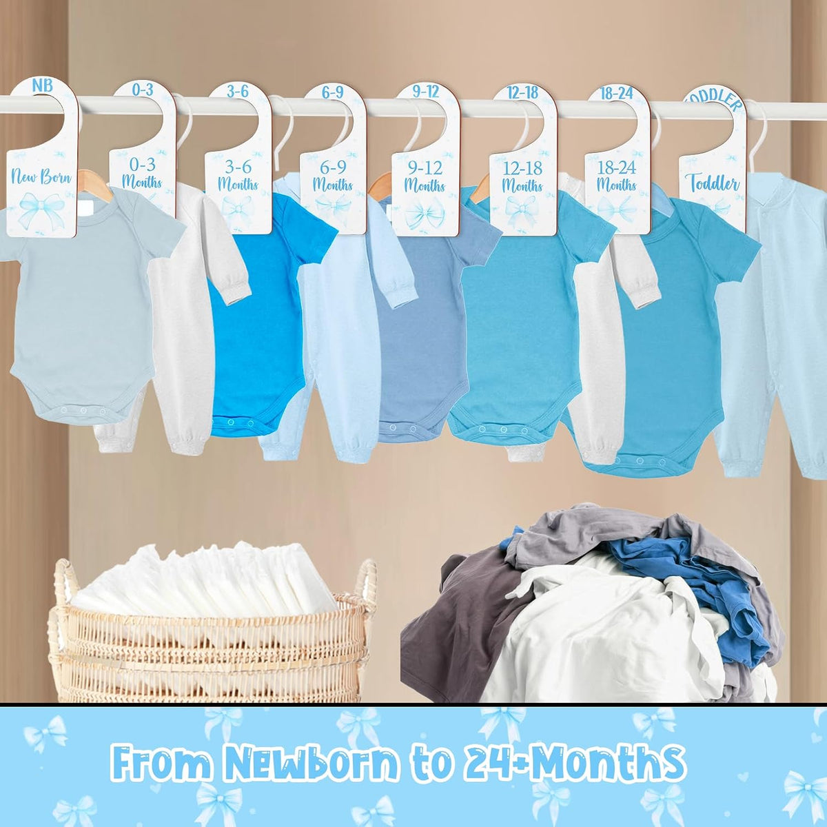 Baby Closet Dividers 8PCS, Outer Space Themed Wooden Double-Sided Clothes Size Hanger Organizer from Newborn to Toddler for Nursery Decor Baby Shower Birthday Gift Blue