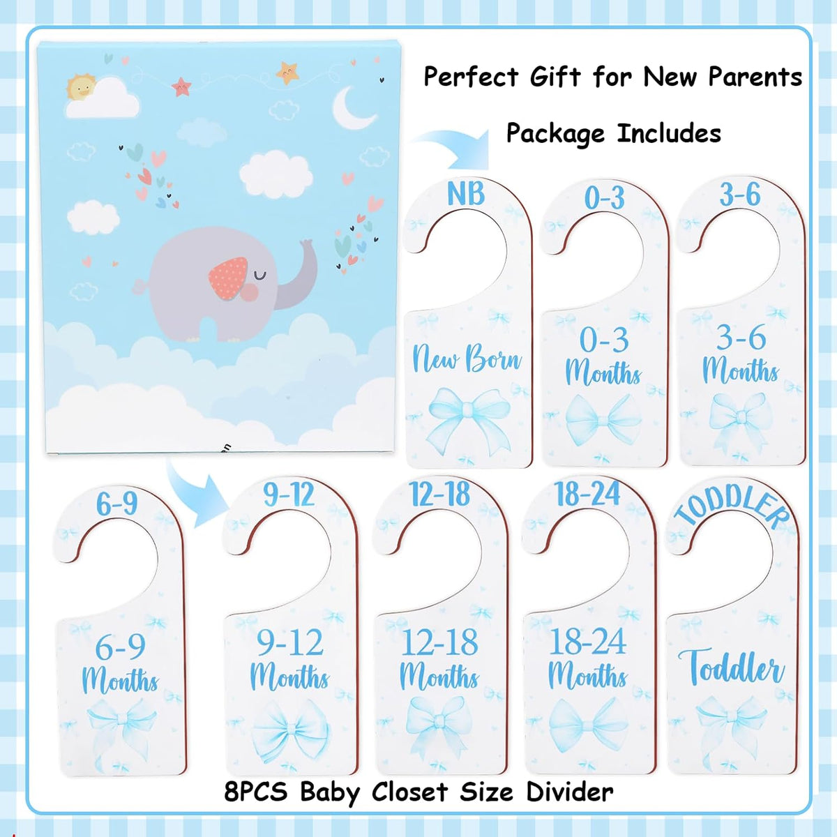Baby Closet Dividers 8PCS, Outer Space Themed Wooden Double-Sided Clothes Size Hanger Organizer from Newborn to Toddler for Nursery Decor Baby Shower Birthday Gift Blue