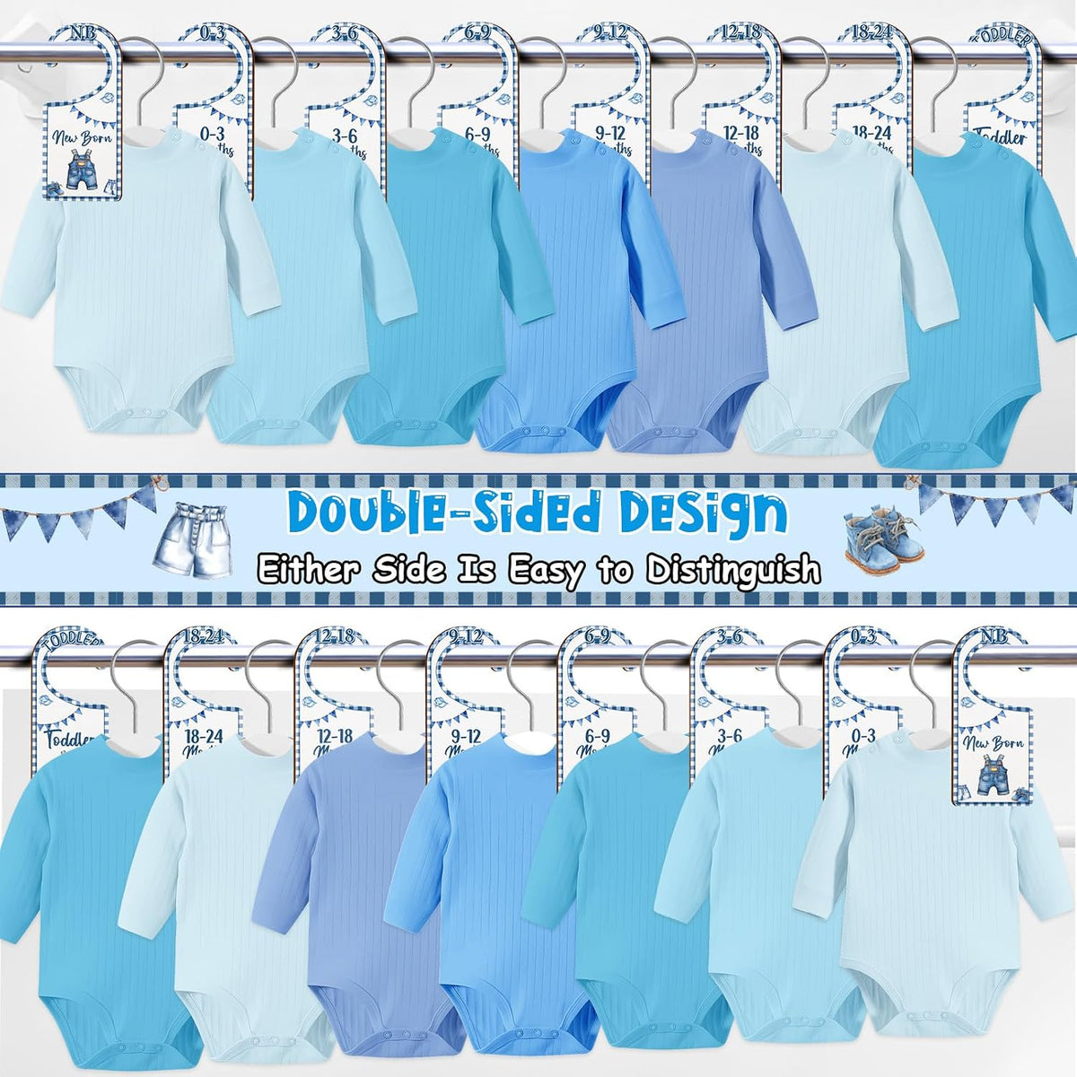 Baby Closet Dividers 8PCS, Outer Space Themed Wooden Double-Sided Clothes Size Hanger Organizer from Newborn to Toddler for Nursery Decor Baby Shower Birthday Gift Blue