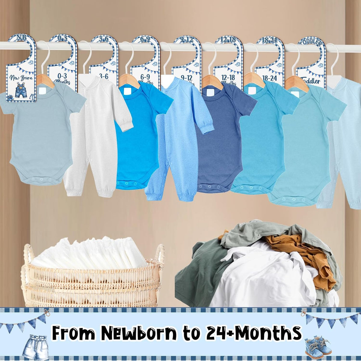 Baby Closet Dividers 8PCS, Outer Space Themed Wooden Double-Sided Clothes Size Hanger Organizer from Newborn to Toddler for Nursery Decor Baby Shower Birthday Gift Blue