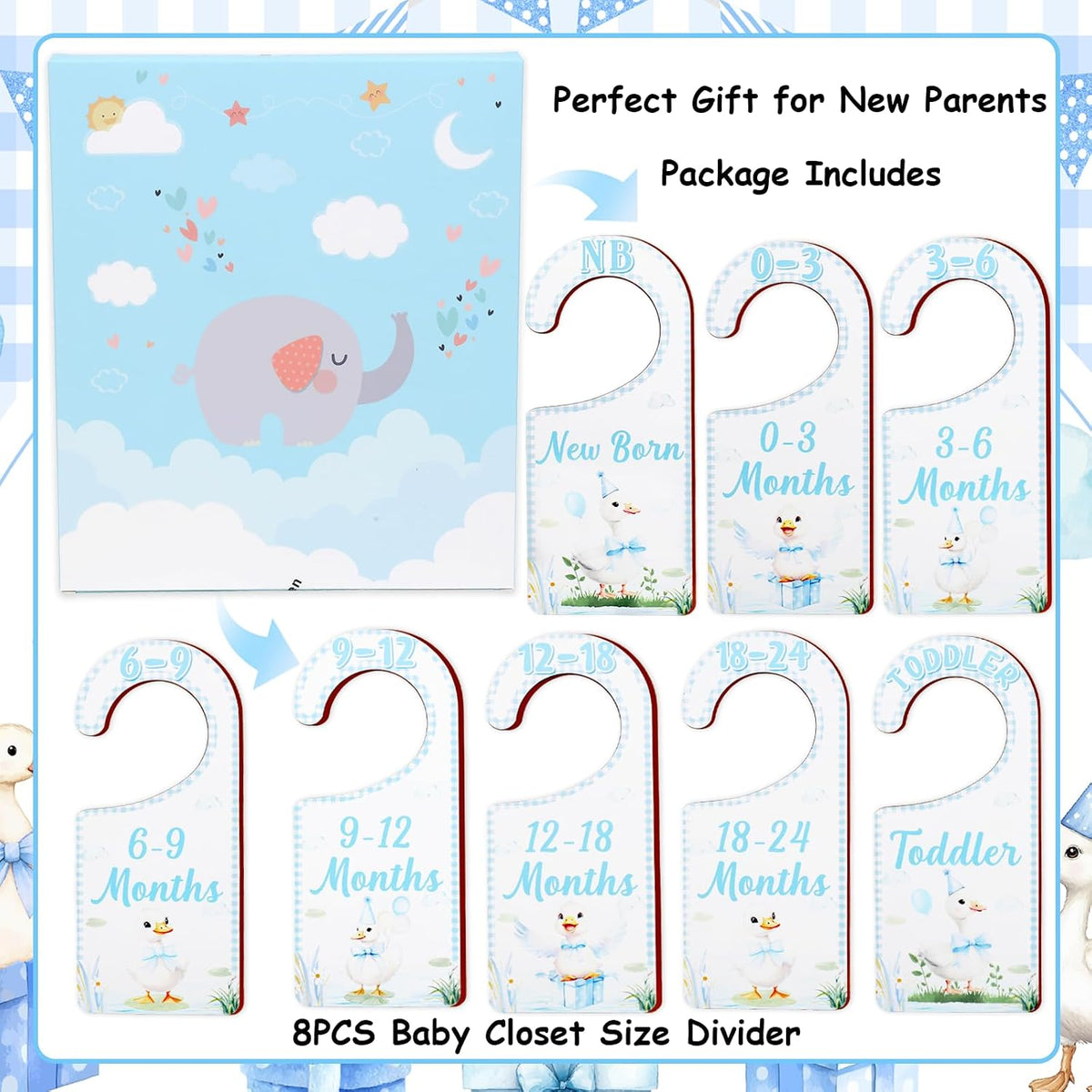 Baby Closet Dividers 8PCS, Outer Space Themed Wooden Double-Sided Clothes Size Hanger Organizer from Newborn to Toddler for Nursery Decor Baby Shower Birthday Gift Blue