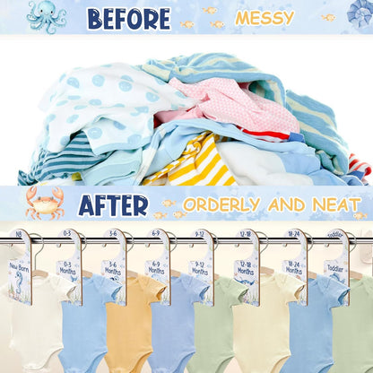Baby Closet Dividers 8PCS, Outer Space Themed Wooden Double-Sided Clothes Size Hanger Organizer from Newborn to Toddler for Nursery Decor Baby Shower Birthday Gift Blue