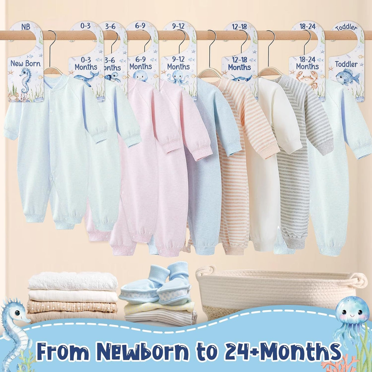 Baby Closet Dividers 8PCS, Outer Space Themed Wooden Double-Sided Clothes Size Hanger Organizer from Newborn to Toddler for Nursery Decor Baby Shower Birthday Gift Blue