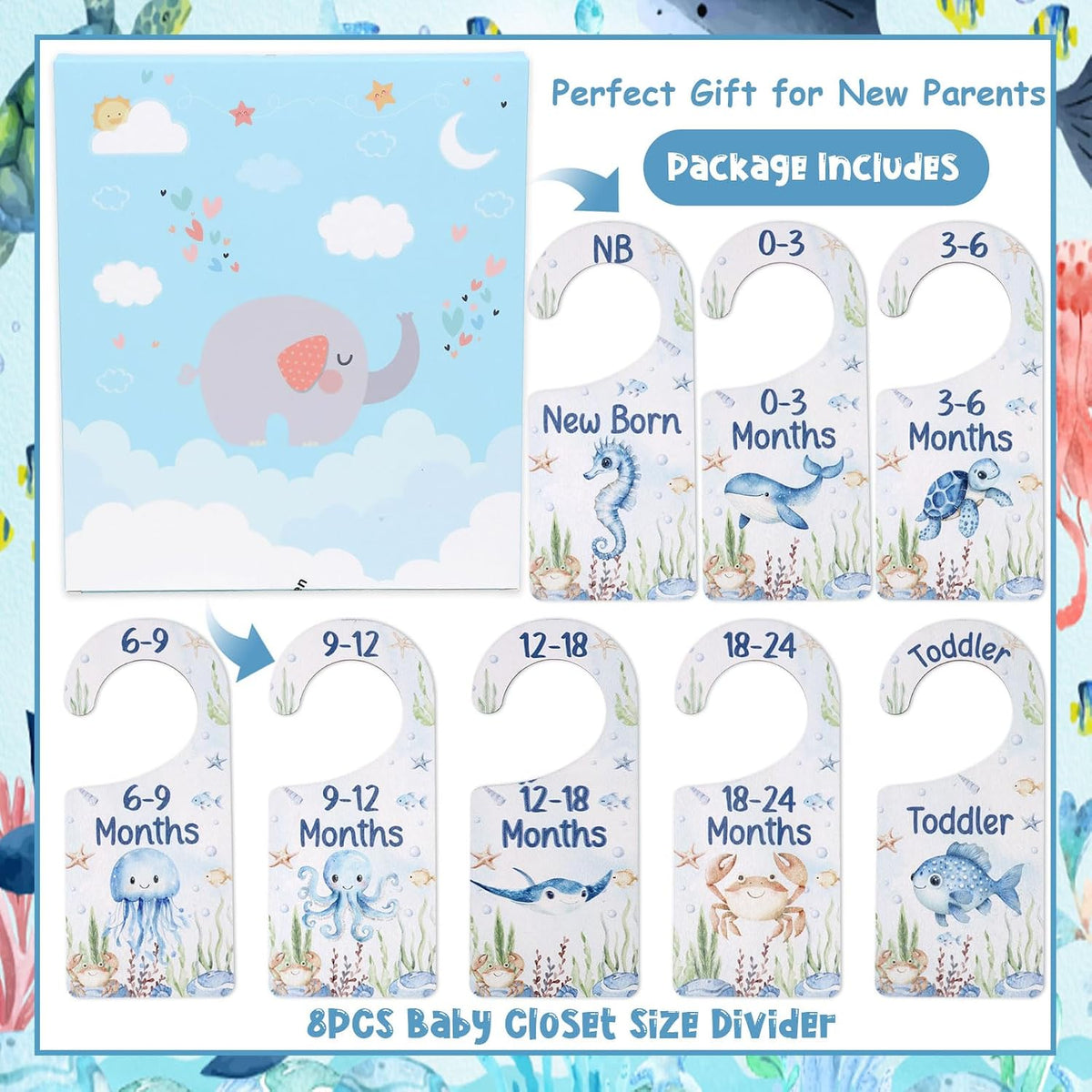 Baby Closet Dividers 8PCS, Outer Space Themed Wooden Double-Sided Clothes Size Hanger Organizer from Newborn to Toddler for Nursery Decor Baby Shower Birthday Gift Blue