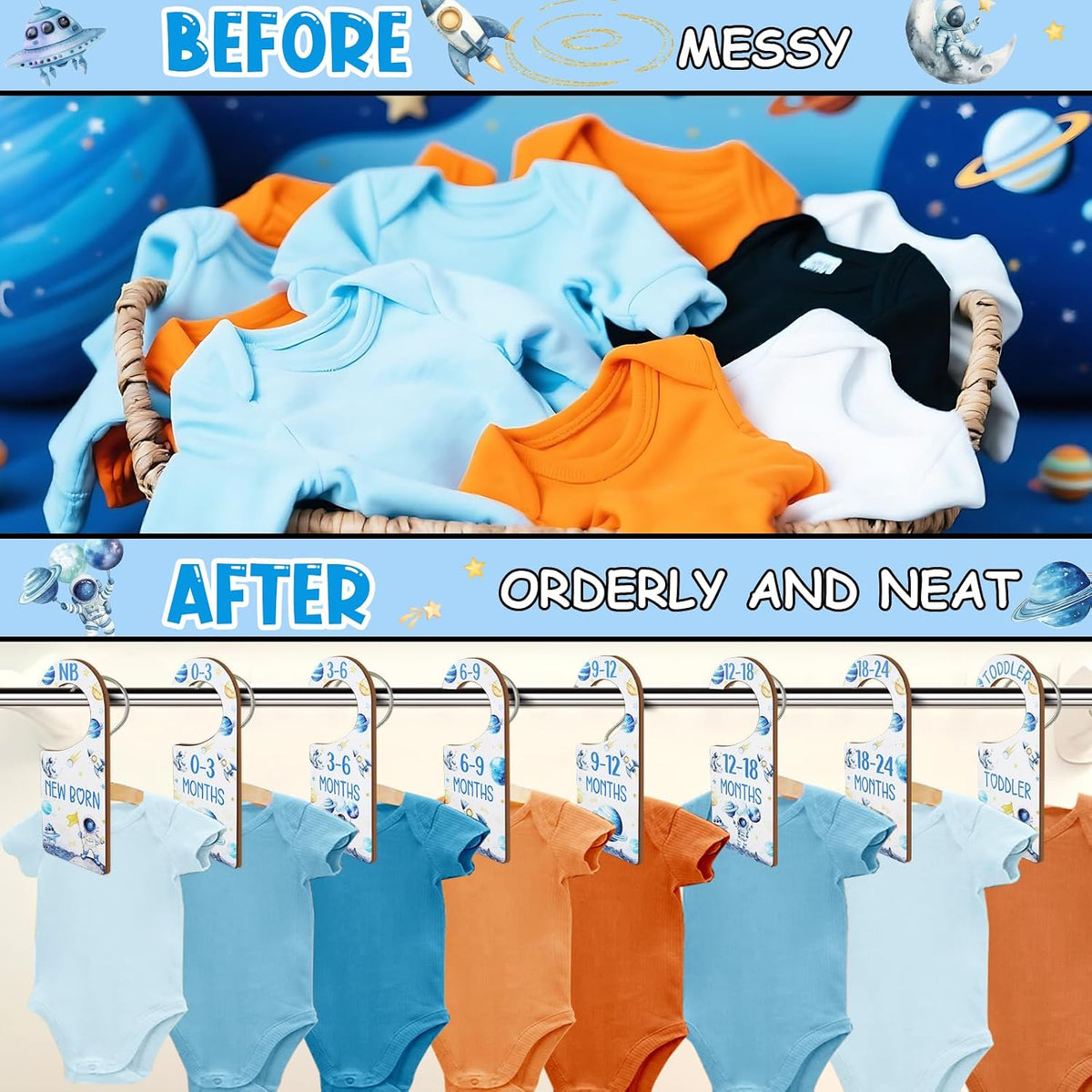 Baby Closet Dividers 8PCS, Outer Space Themed Wooden Double-Sided Clothes Size Hanger Organizer from Newborn to Toddler for Nursery Decor Baby Shower Birthday Gift Blue