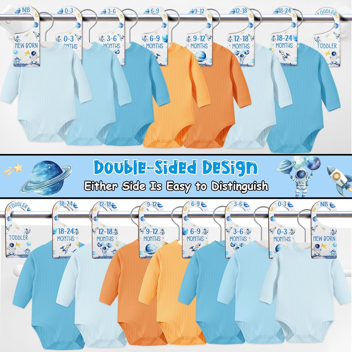 Baby Closet Dividers 8PCS, Outer Space Themed Wooden Double-Sided Clothes Size Hanger Organizer from Newborn to Toddler for Nursery Decor Baby Shower Birthday Gift Blue
