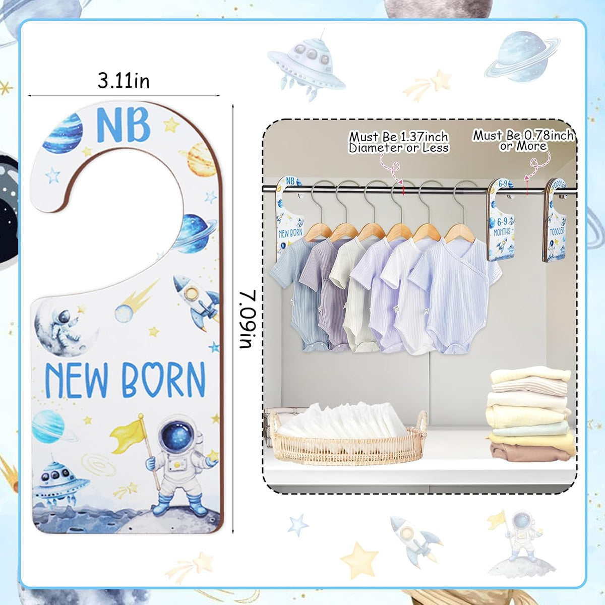 Baby Closet Dividers 8PCS, Outer Space Themed Wooden Double-Sided Clothes Size Hanger Organizer from Newborn to Toddler for Nursery Decor Baby Shower Birthday Gift Blue