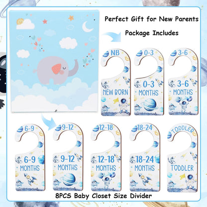 Baby Closet Dividers 8PCS, Outer Space Themed Wooden Double-Sided Clothes Size Hanger Organizer from Newborn to Toddler for Nursery Decor Baby Shower Birthday Gift Blue