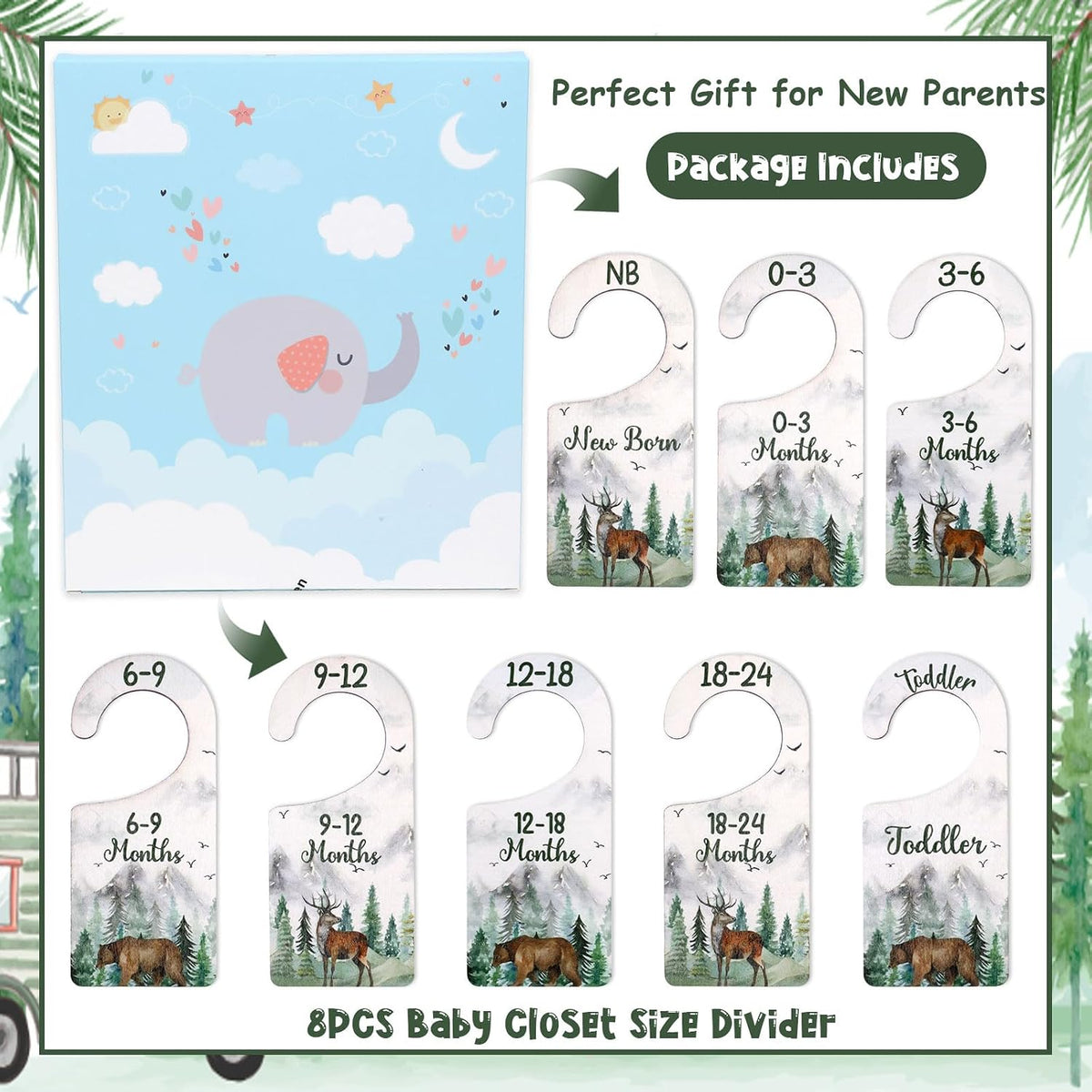 Baby Closet Dividers 8PCS, Outer Space Themed Wooden Double-Sided Clothes Size Hanger Organizer from Newborn to Toddler for Nursery Decor Baby Shower Birthday Gift Blue