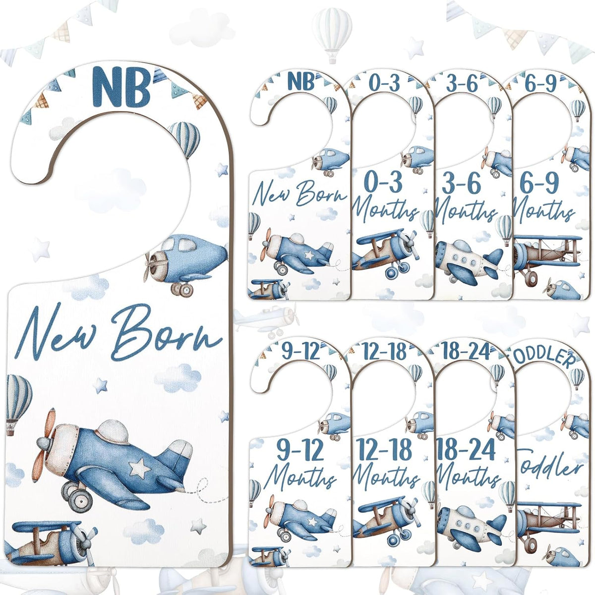 Baby Closet Dividers 8PCS, Outer Space Themed Wooden Double-Sided Clothes Size Hanger Organizer from Newborn to Toddler for Nursery Decor Baby Shower Birthday Gift Blue