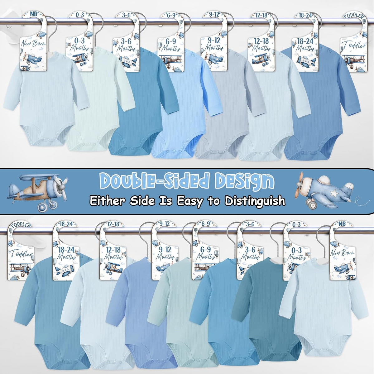 Baby Closet Dividers 8PCS, Outer Space Themed Wooden Double-Sided Clothes Size Hanger Organizer from Newborn to Toddler for Nursery Decor Baby Shower Birthday Gift Blue