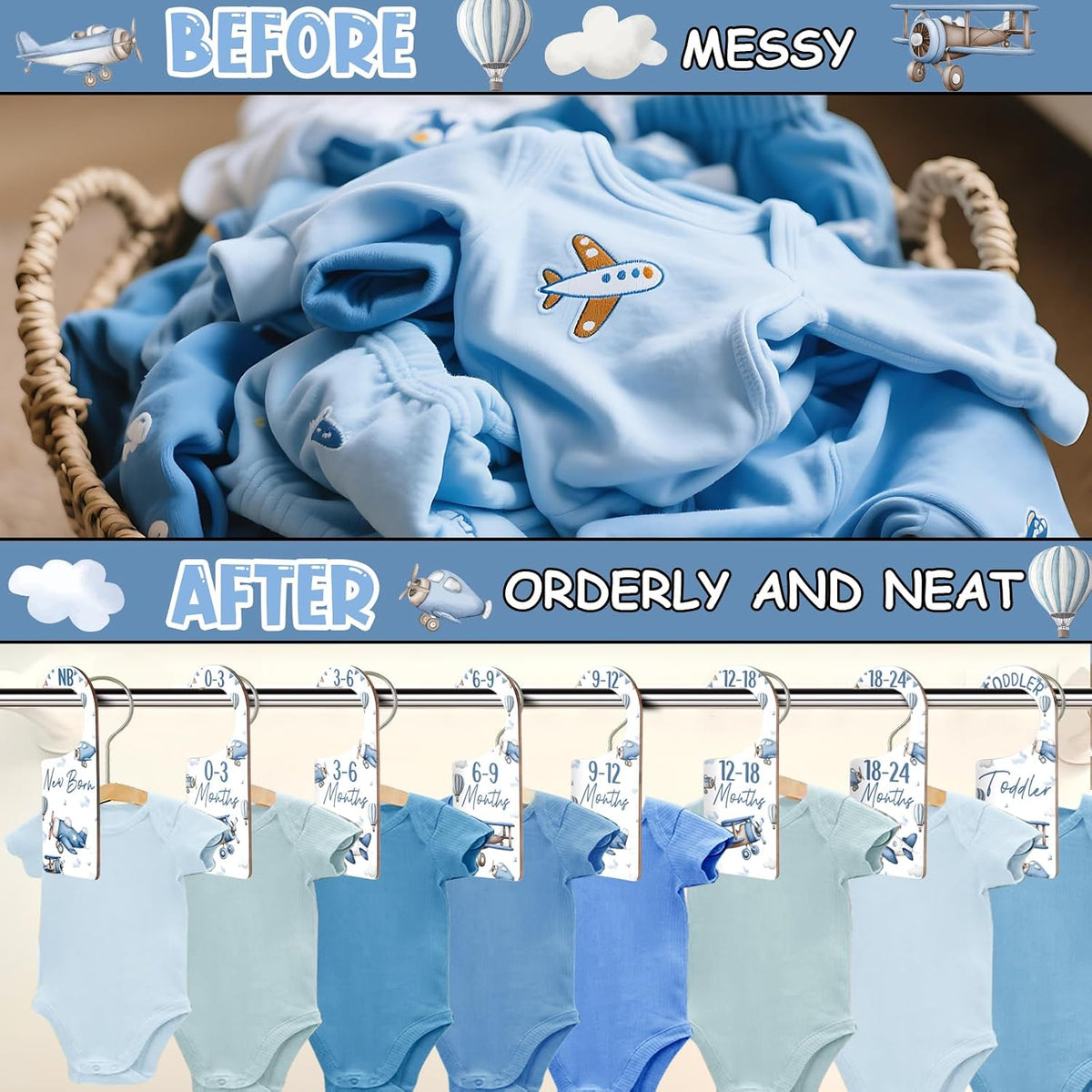 Baby Closet Dividers 8PCS, Outer Space Themed Wooden Double-Sided Clothes Size Hanger Organizer from Newborn to Toddler for Nursery Decor Baby Shower Birthday Gift Blue