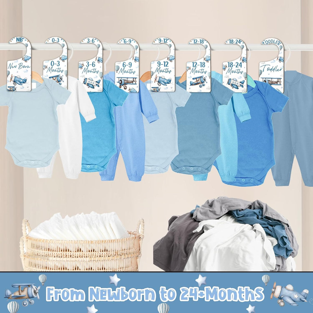 Baby Closet Dividers 8PCS, Outer Space Themed Wooden Double-Sided Clothes Size Hanger Organizer from Newborn to Toddler for Nursery Decor Baby Shower Birthday Gift Blue