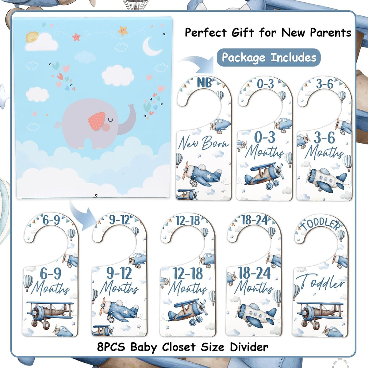 Baby Closet Dividers 8PCS, Outer Space Themed Wooden Double-Sided Clothes Size Hanger Organizer from Newborn to Toddler for Nursery Decor Baby Shower Birthday Gift Blue