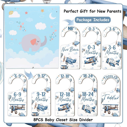 Baby Closet Dividers 8PCS, Outer Space Themed Wooden Double-Sided Clothes Size Hanger Organizer from Newborn to Toddler for Nursery Decor Baby Shower Birthday Gift Blue