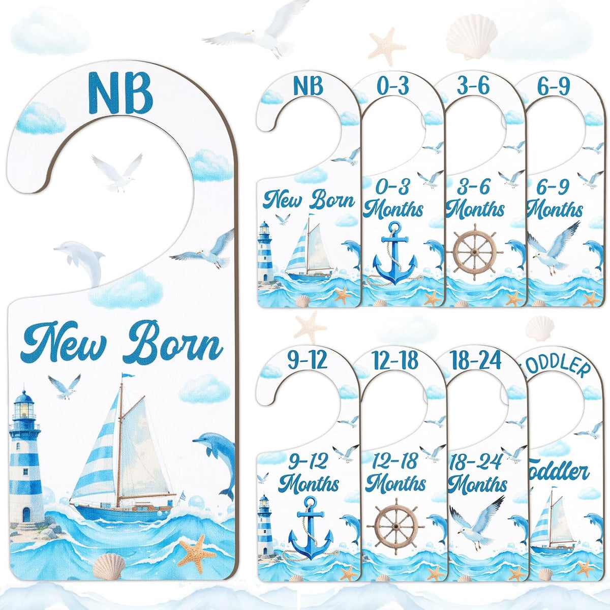 Baby Closet Dividers 8PCS, Outer Space Themed Wooden Double-Sided Clothes Size Hanger Organizer from Newborn to Toddler for Nursery Decor Baby Shower Birthday Gift Blue