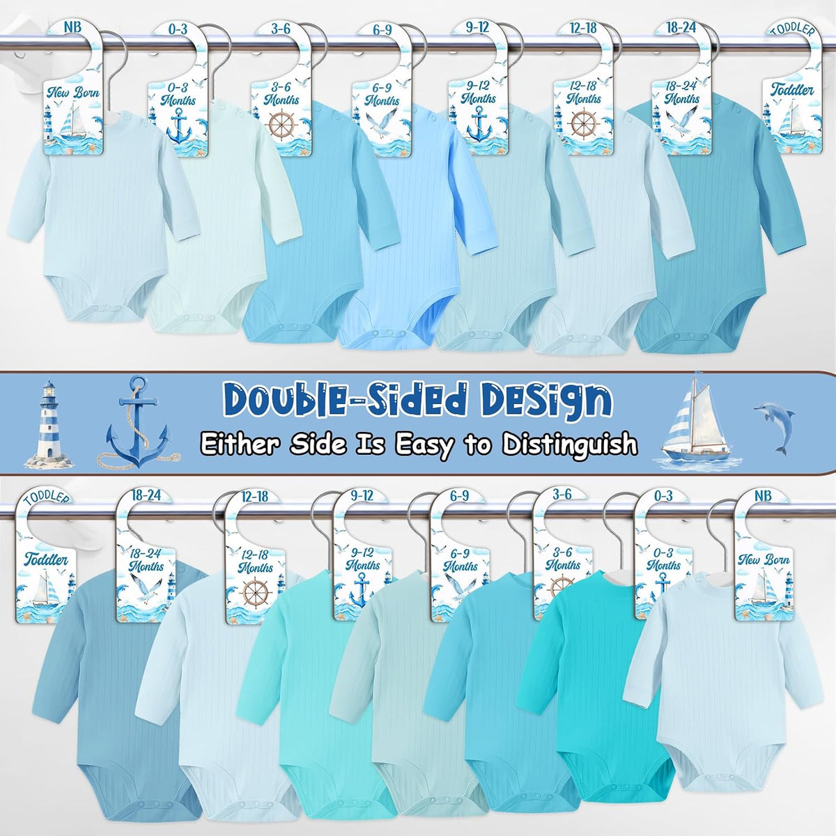 Baby Closet Dividers 8PCS, Outer Space Themed Wooden Double-Sided Clothes Size Hanger Organizer from Newborn to Toddler for Nursery Decor Baby Shower Birthday Gift Blue