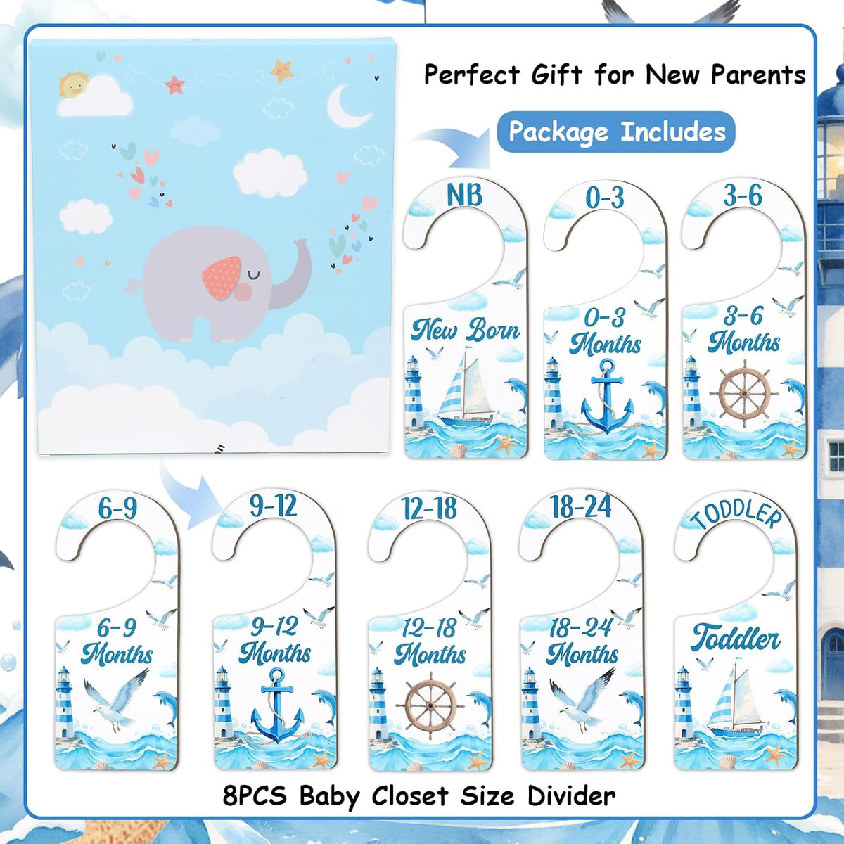 Baby Closet Dividers 8PCS, Outer Space Themed Wooden Double-Sided Clothes Size Hanger Organizer from Newborn to Toddler for Nursery Decor Baby Shower Birthday Gift Blue