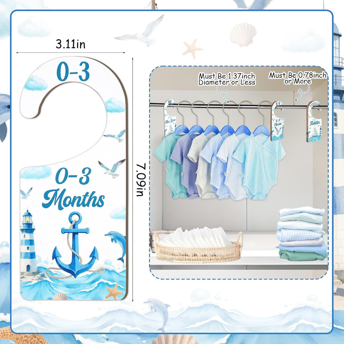 Baby Closet Dividers 8PCS, Outer Space Themed Wooden Double-Sided Clothes Size Hanger Organizer from Newborn to Toddler for Nursery Decor Baby Shower Birthday Gift Blue