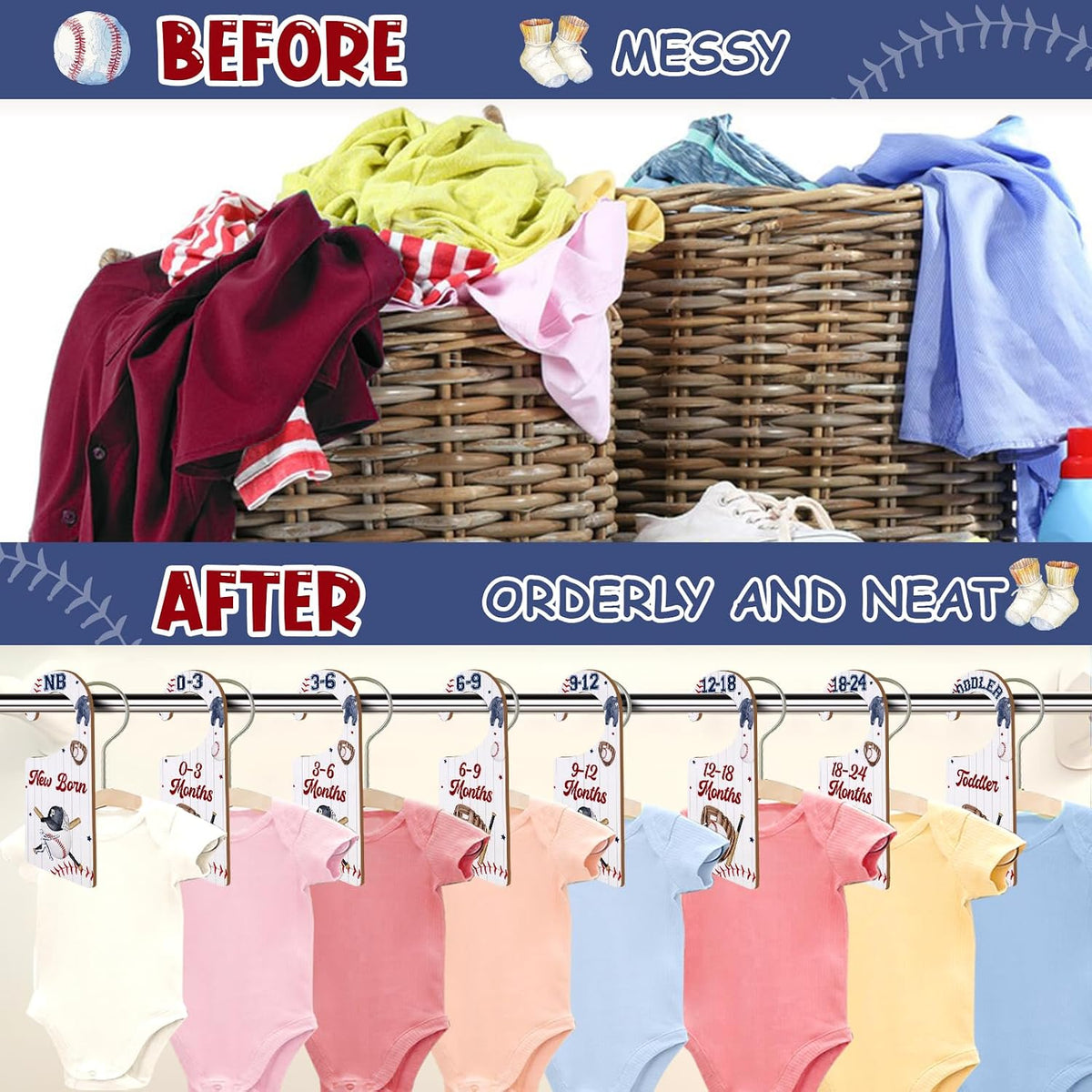 Baby Closet Dividers 8PCS, Outer Space Themed Wooden Double-Sided Clothes Size Hanger Organizer from Newborn to Toddler for Nursery Decor Baby Shower Birthday Gift Blue