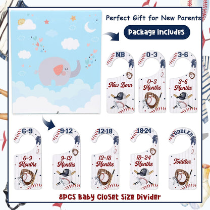 Baby Closet Dividers 8PCS, Outer Space Themed Wooden Double-Sided Clothes Size Hanger Organizer from Newborn to Toddler for Nursery Decor Baby Shower Birthday Gift Blue