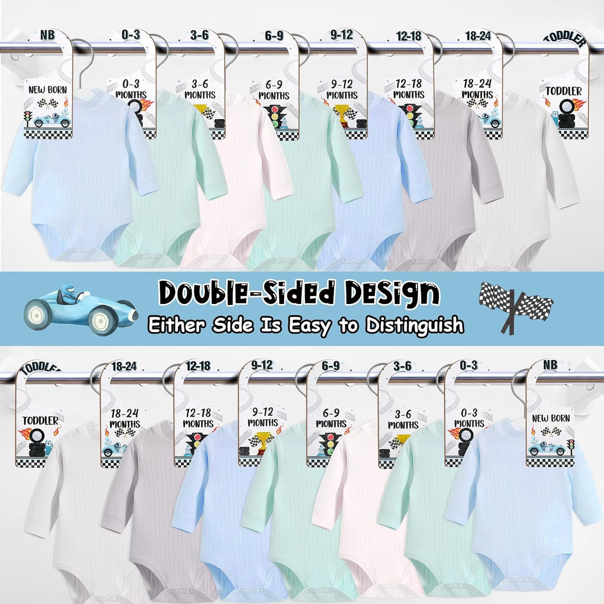 Baby Closet Dividers 8PCS, Outer Space Themed Wooden Double-Sided Clothes Size Hanger Organizer from Newborn to Toddler for Nursery Decor Baby Shower Birthday Gift Blue