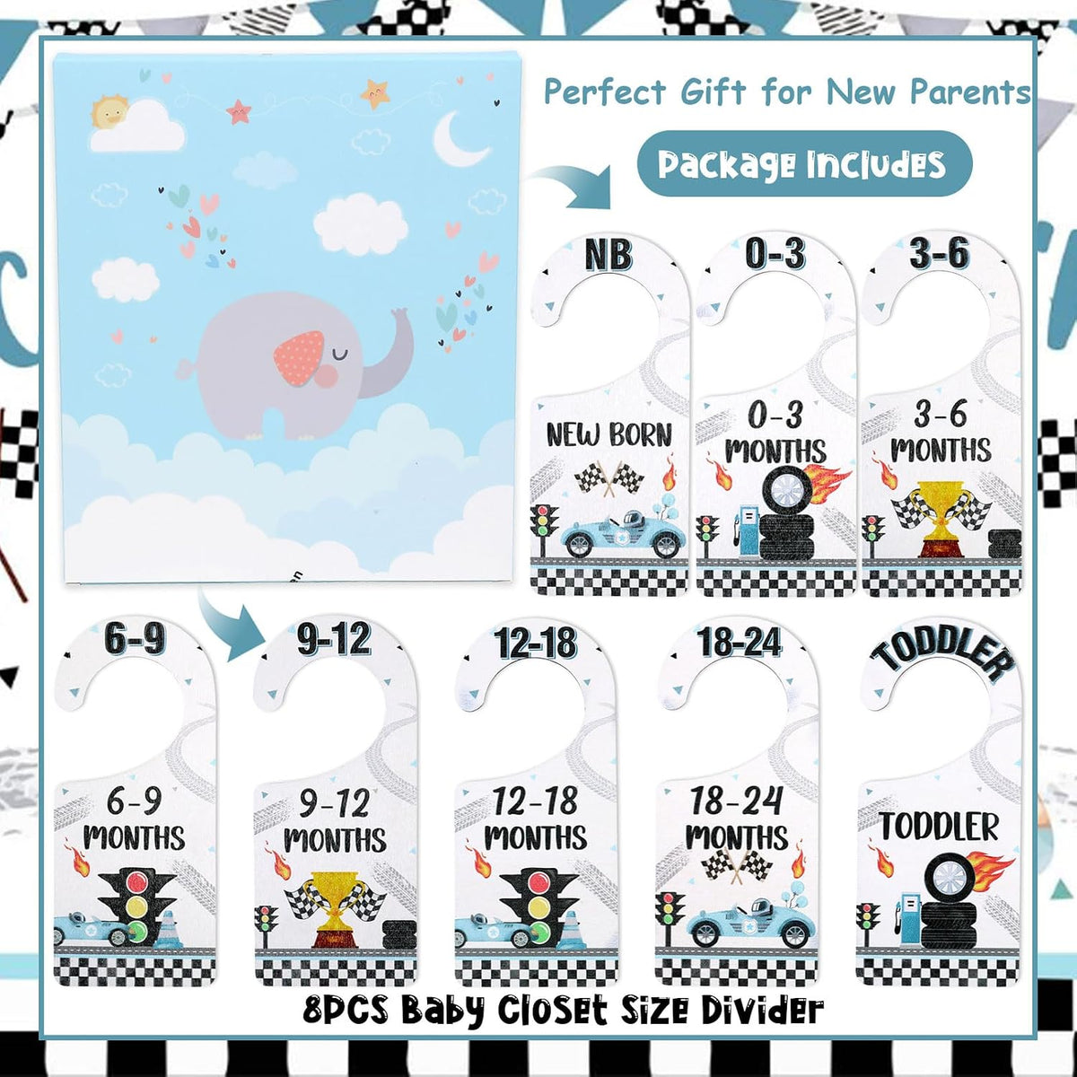 Baby Closet Dividers 8PCS, Outer Space Themed Wooden Double-Sided Clothes Size Hanger Organizer from Newborn to Toddler for Nursery Decor Baby Shower Birthday Gift Blue