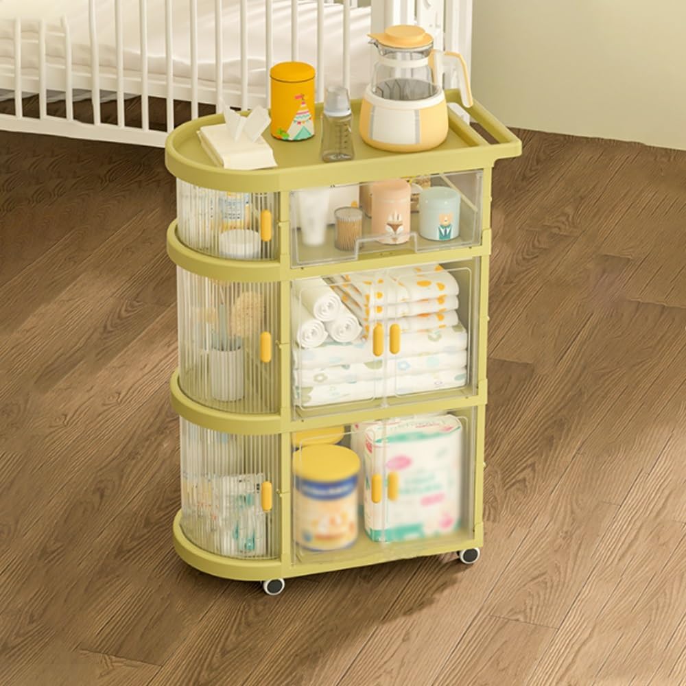 Baby Rolling Cart Organizer with Drawers, Bedside Cart for Baby Essentials, Kids Bookshelf and Toy Organizer, Baby Caddy Organizer Cart, Rolling Diaper Cart for Baby Room Bedroom(White)