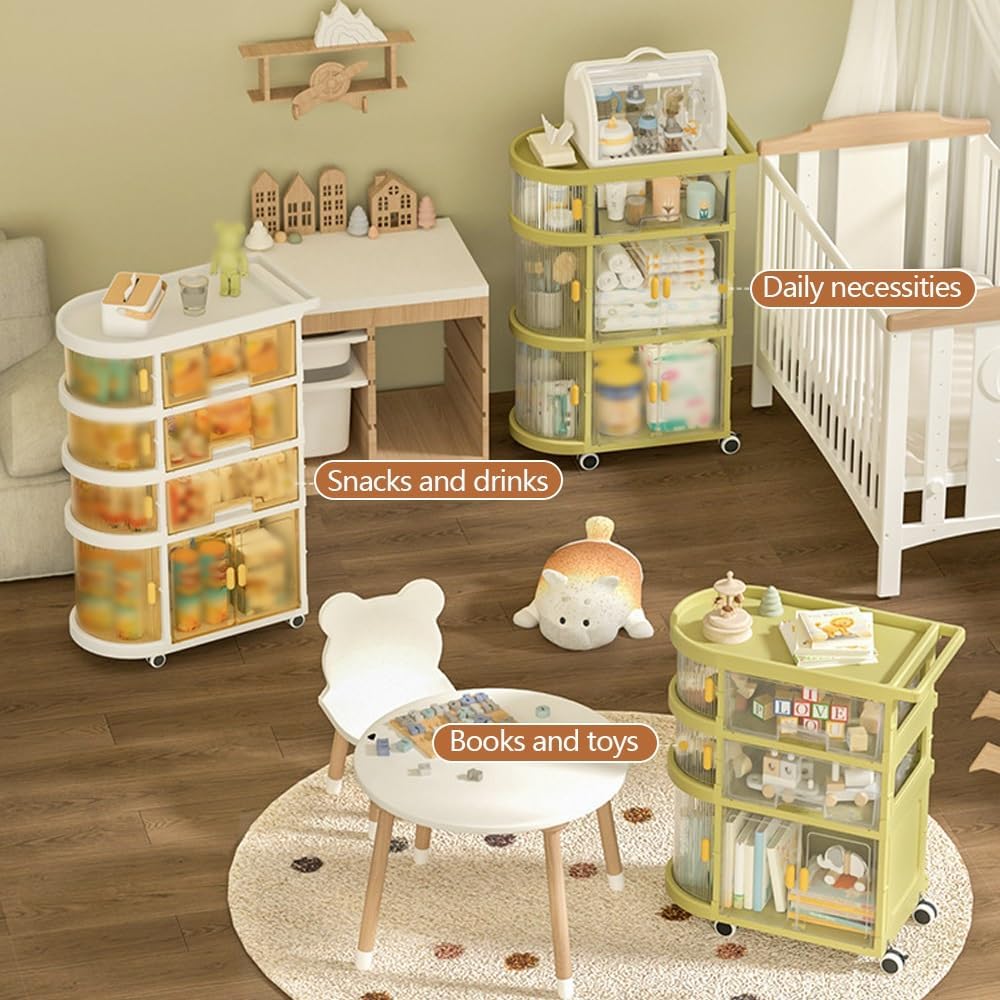 Baby Rolling Cart Organizer with Drawers, Bedside Cart for Baby Essentials, Kids Bookshelf and Toy Organizer, Baby Caddy Organizer Cart, Rolling Diaper Cart for Baby Room Bedroom(White)